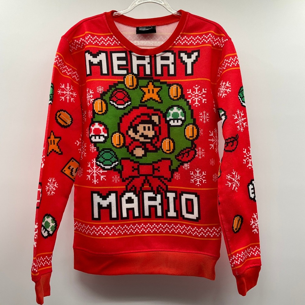 Nintendo Super Mario Sweatshirt Red Holiday Size S Retro Gamer Kidcore Aesthetic